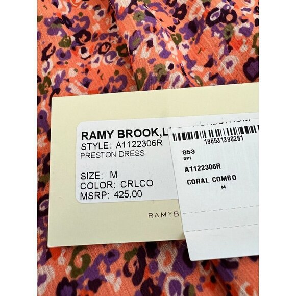 New RAMY BROOK Size M Preston Mini Dress Coral Combo Smocked Waist, Ruffle Hem - Picture 11 of 14
